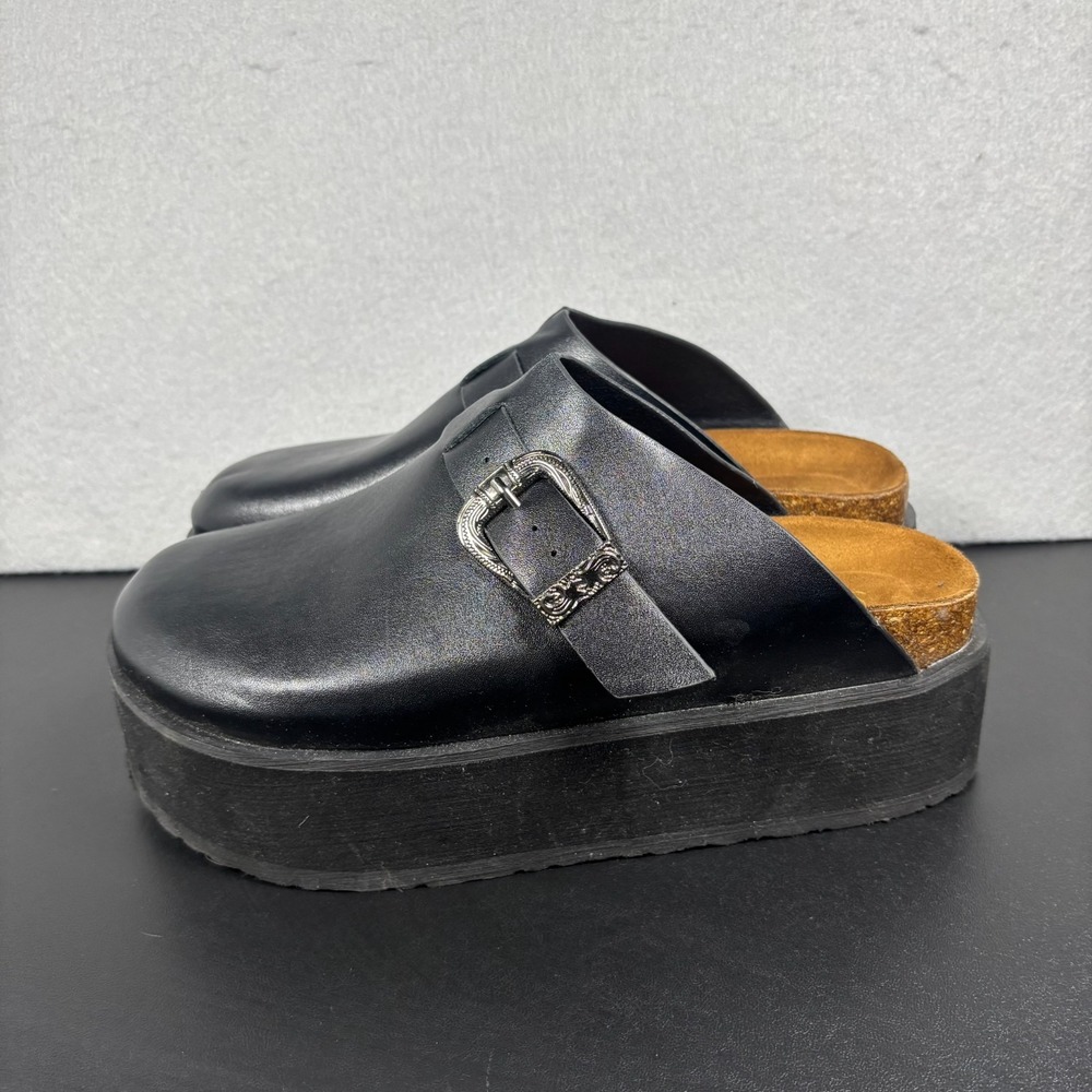 Womens Black Platform Clogs Size 10 Buckle Mules Goth Grunge Chunky Slip On Shoe